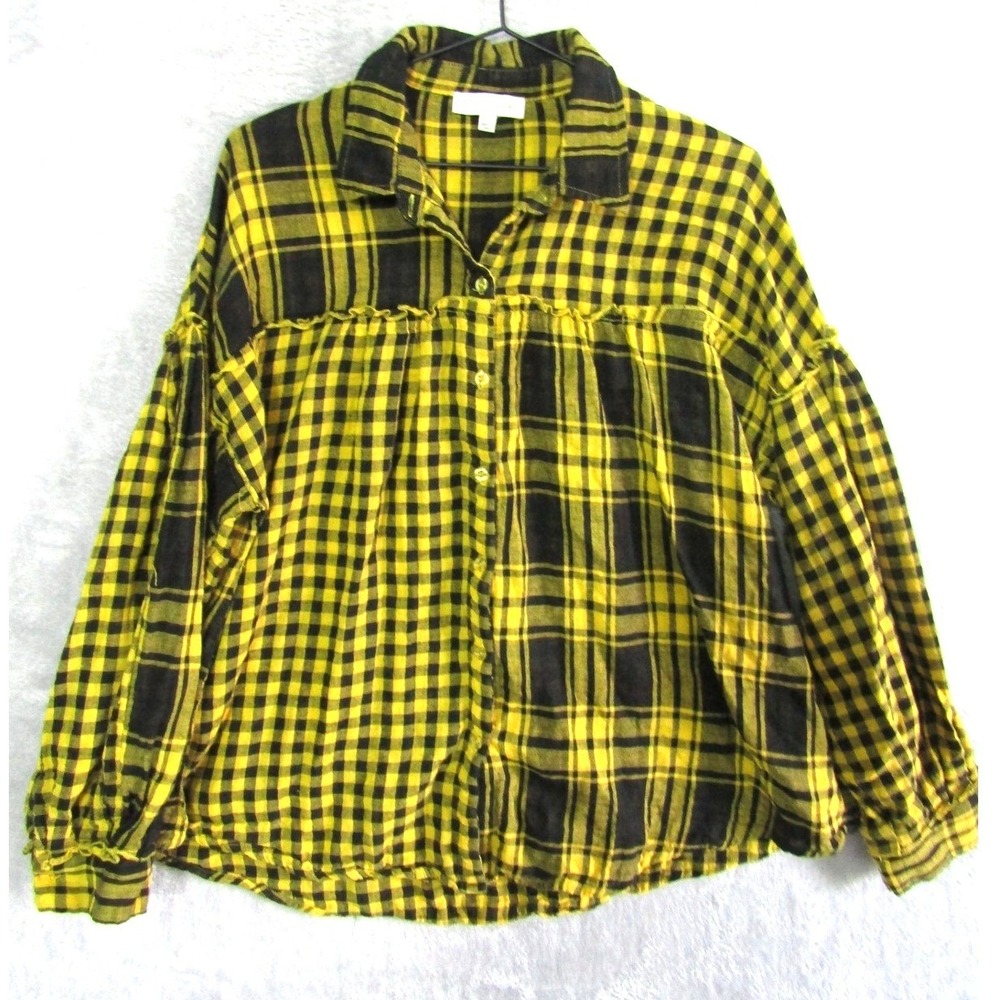 UMGEE‎ Plaid Button Down Shirt Yellow Black Long Sleeve Ruffle Detail Women XL